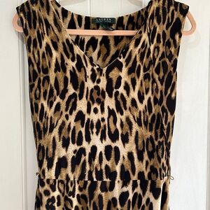 Lauren Ralph Lauren Leopard Print Black and Brown Pleated V-Neck Sundress